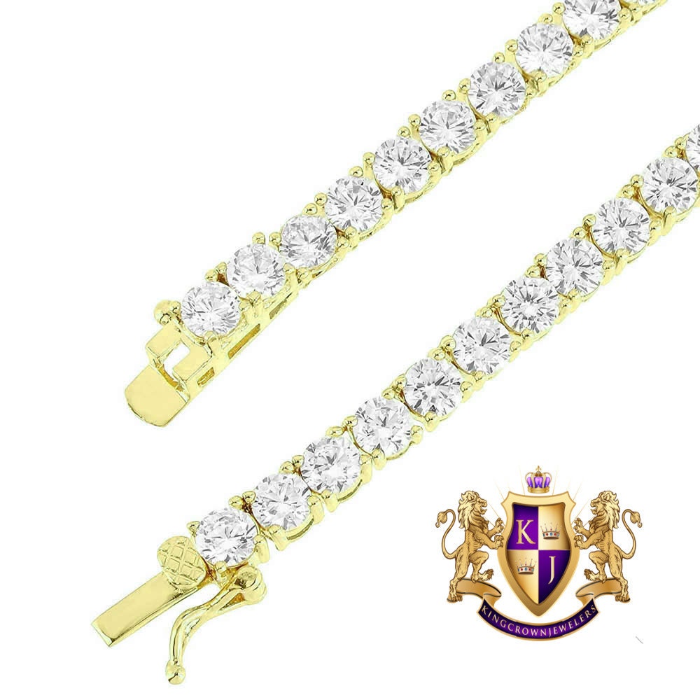 High Quality 14K Yellow Gold Finish Solitaire Simulated Diamond 1 Row Tennis Link Chain Necklace 3mm/30''