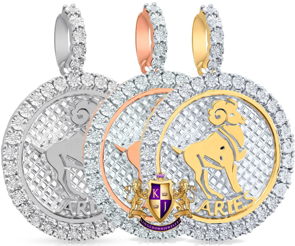 Real Genuine Diamond  Aries Rams Zodiac Lucky Sign Astrology Horoscope Pendent Charm 10K Gold Finish 2''