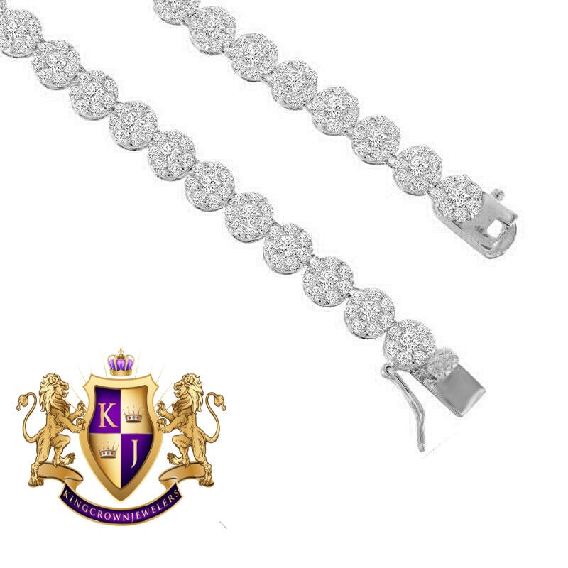 Men's Ladies 14K White Gold Finish Solitaire Simulated Diamonds 4mm Flower Cluster Chain Neckless