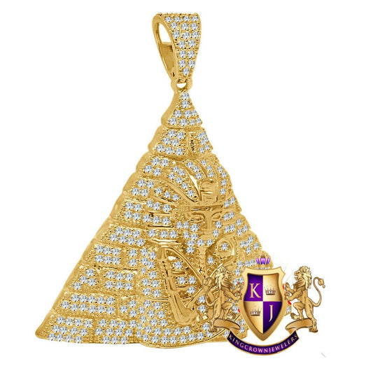 Real Yellow Gold Sterling Silver Simulated Diamond Egyptian Pharaoh Pyramid Charm Pendant