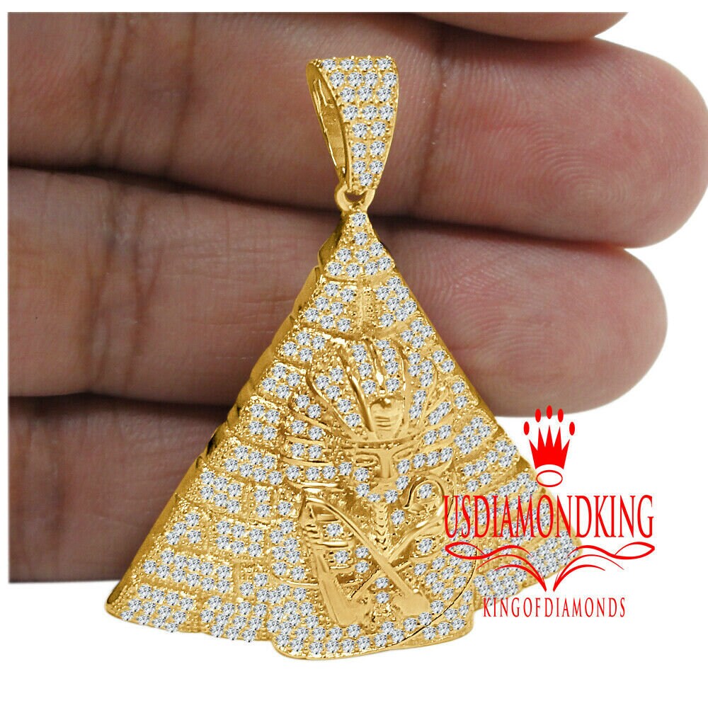 Real Yellow Gold Sterling Silver Simulated Diamond Egyptian Pharaoh Pyramid Charm Pendant
