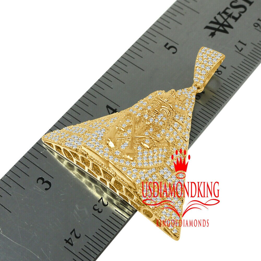 Real Yellow Gold Sterling Silver Simulated Diamond Egyptian Pharaoh Pyramid Charm Pendant