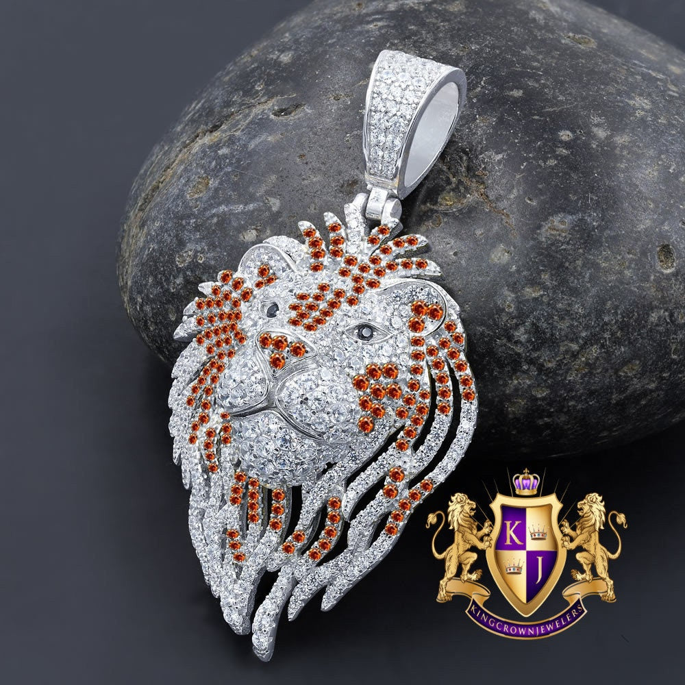 25+ Grams Real Genuine Sterling Silver 2.75 Cwt. Simulated Diamond 14K White Gold Finish Lion Head Men's Charm Pendant Chain Neckless Set