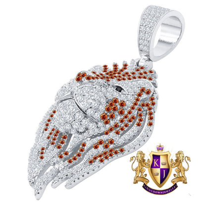 25+ Grams Real Genuine Sterling Silver 2.75 Cwt. Simulated Diamond 14K White Gold Finish Lion Head Men's Charm Pendant Chain Neckless Set