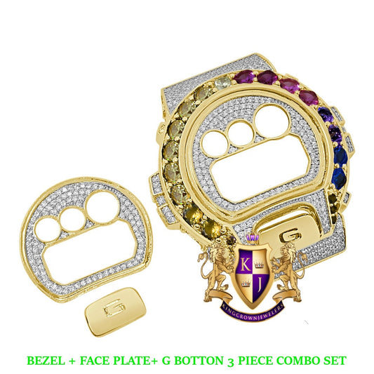 Solitaire Rainbow Multi Yellow Gold G Shock DW-6900 Simulated Diamond Watch Custom Cover Case Face Plate + Bezel + G Button 3 Piece Set