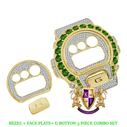Solitaire Emerald Green Yellow Gold G Shock DW-6900 Simulated Diamond Watch Custom Cover Case Face Plate + Bezel + G Button 3 Piece Set