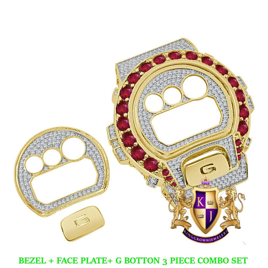 Solitaire Pink Yellow Gold G Shock DW-6900 Simulated Diamond Watch Custom Cover Case Face Plate + Bezel + G Button 3 Piece Set