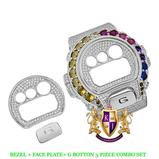 Solitaire Rainbow Multi White Gold Tone G Shock DW-6900 Simulated Diamond Watch Custom Cover Case Face Plate + Bezel + G Button 3 Piece Set