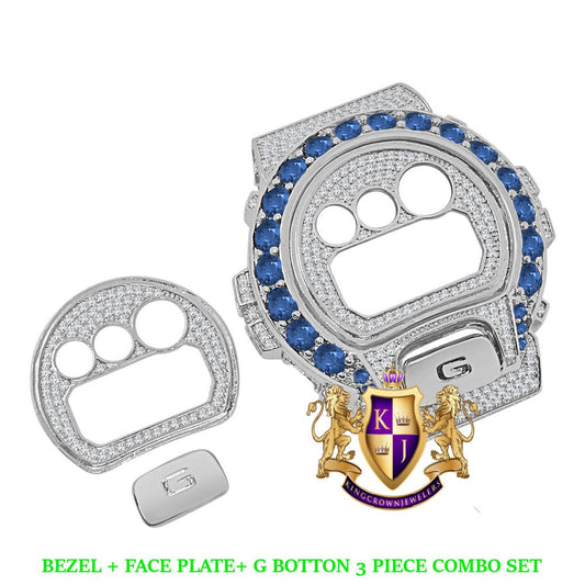 Solitaire Sapphire Blue White Gold Tone G Shock DW-6900 Simulated Diamond Watch Custom Cover Case Face Plate + Bezel + G Button 3 Piece Set