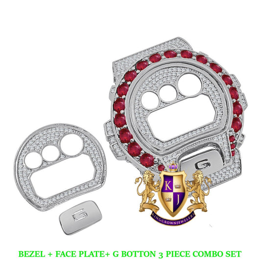 Solitaire Pink White  Gold Tone G Shock DW-6900 Simulated Diamond Watch Custom Cover Case Face Plate + Bezel + G Button 3 Piece Set