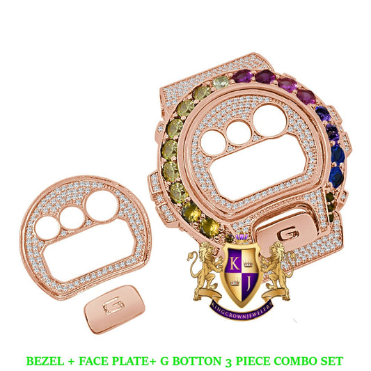 Solitaire Rainbow Multi Rose Gold Tone G Shock DW-6900 Simulated Diamond Watch Custom Cover Case Face Plate + Bezel + G Button 3 Piece Set