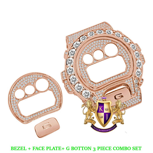 Solitaire Rose Gold Finish G Shock DW-6900 Simulated Diamond Watch Custom Cover Case Face Plate + Bezel + G Button 3 Piece Set