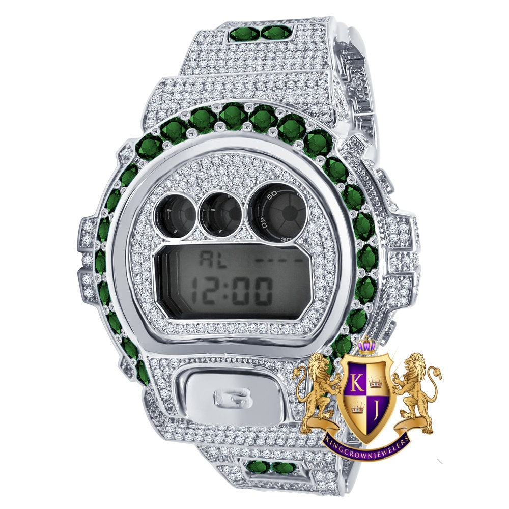 Men's Exclusive Custom Time Piece Solitaire Green Emerald White Gold Finish Casio G Shock DW-6900 Watch