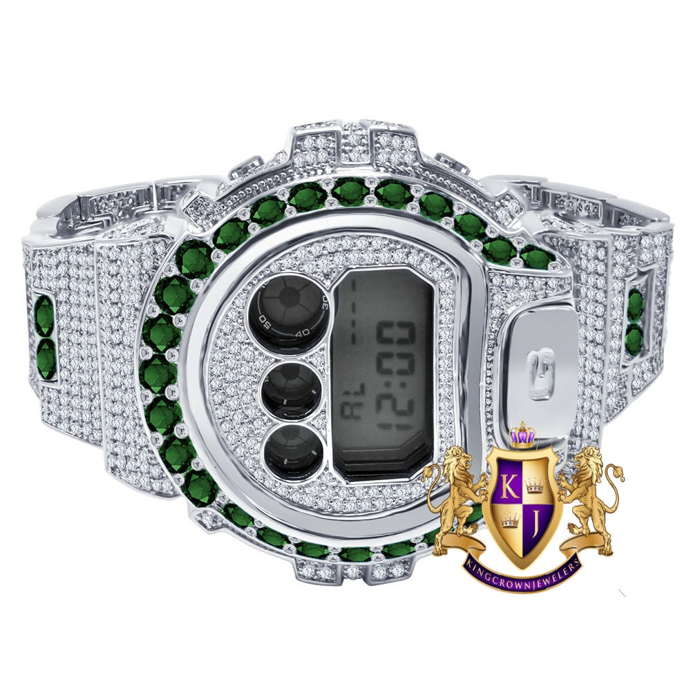 Men's Exclusive Custom Time Piece Solitaire Green Emerald White Gold Finish Casio G Shock DW-6900 Watch