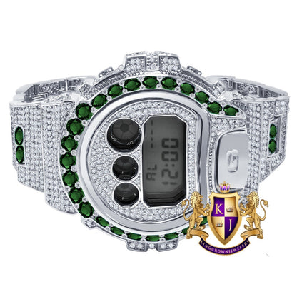 Men's Exclusive Custom Time Piece Solitaire Green Emerald White Gold Finish Casio G Shock DW-6900 Watch