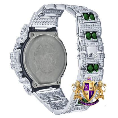 Men's Exclusive Custom Time Piece Solitaire Green Emerald White Gold Finish Casio G Shock DW-6900 Watch