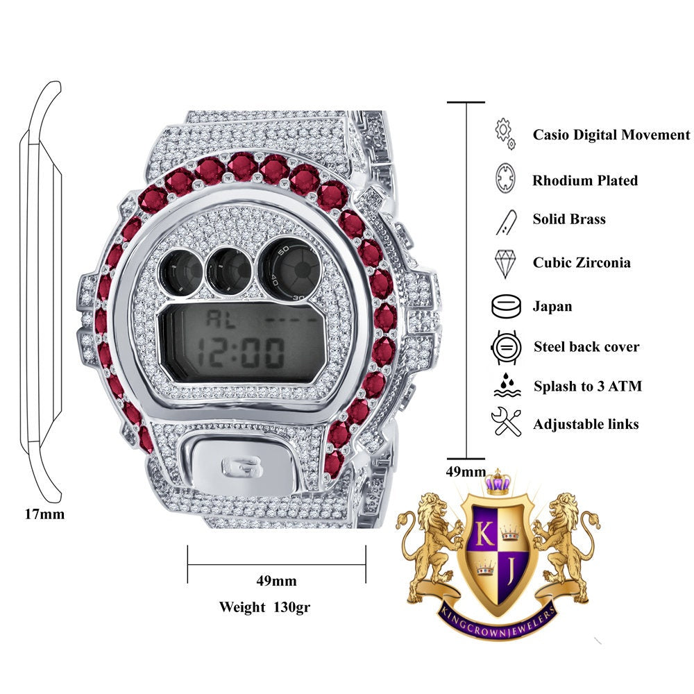 Men's Exclusive Custom Time Piece Solitaire Dark Pink White Gold Finish Casio G Shock DW-6900 Watch