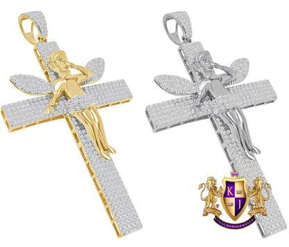 Custom Piece Big XL 3.75'' Real Yellow Gold Sterling Silver Simulated Diamond Angel Cross Pendent Charm