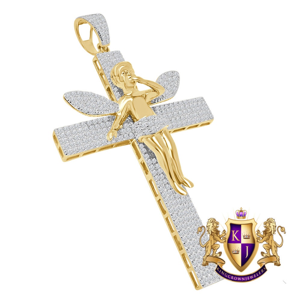 Custom Piece Big XL 3.75'' Real Yellow Gold Sterling Silver Simulated Diamond Angel Cross Pendent Charm