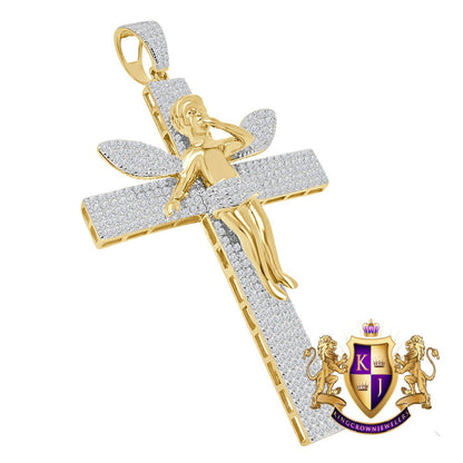 Custom Piece Big XL 3.75'' Real Yellow Gold Sterling Silver Simulated Diamond Angel Cross Pendent Charm