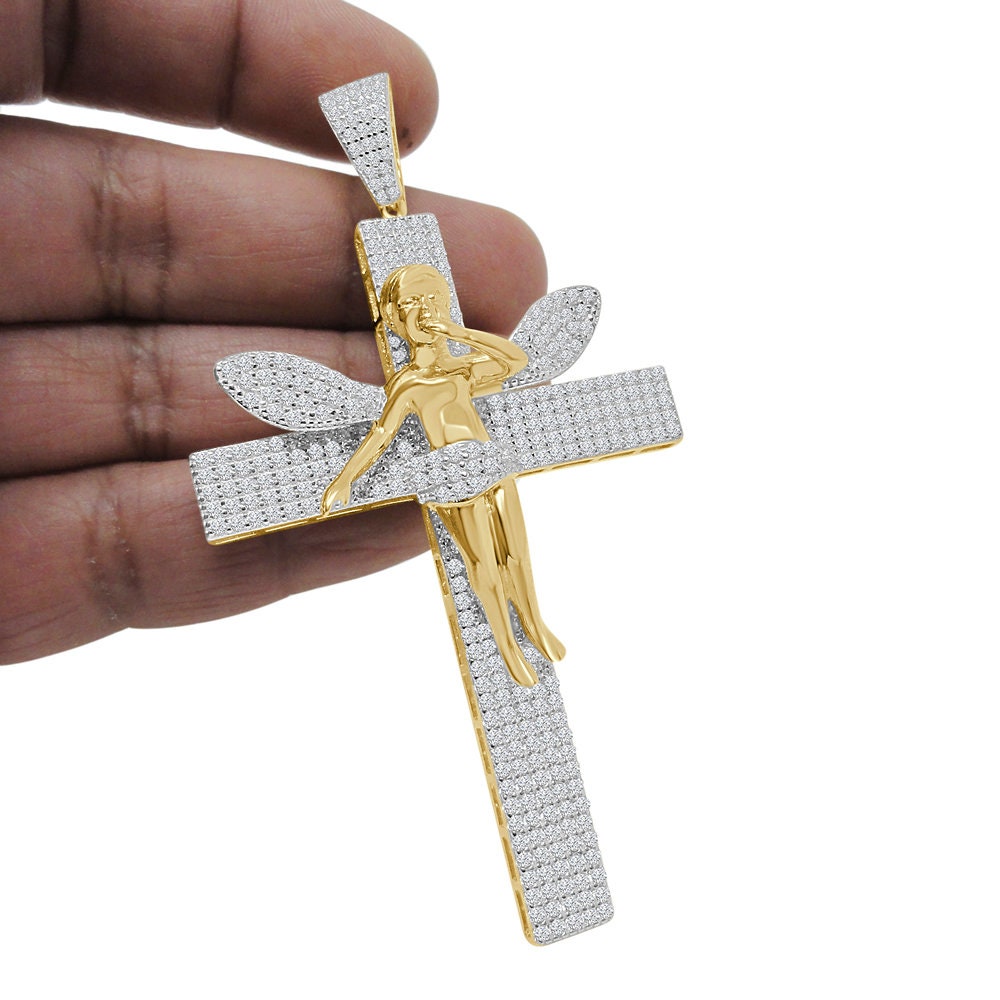 Custom Piece Big XL 3.75'' Real Yellow Gold Sterling Silver Simulated Diamond Angel Cross Pendent Charm