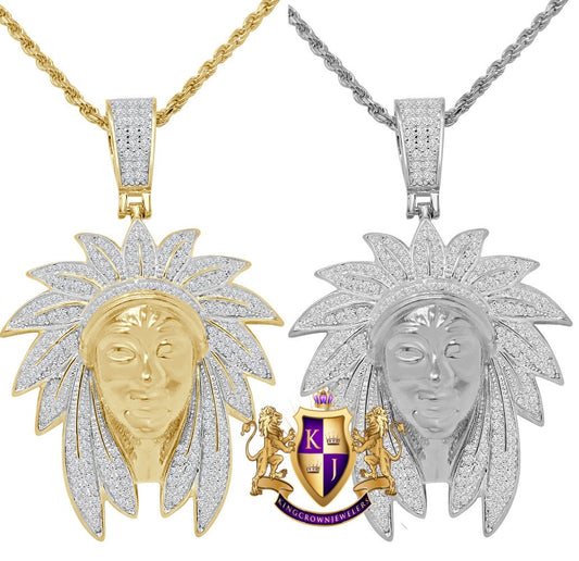 22+ Grams Real Sterling Silver 2.00 Ct. Simulated Diamond Native American Indian Head Apache King 14K Gold On Unisex Charm Pendent Chain Set