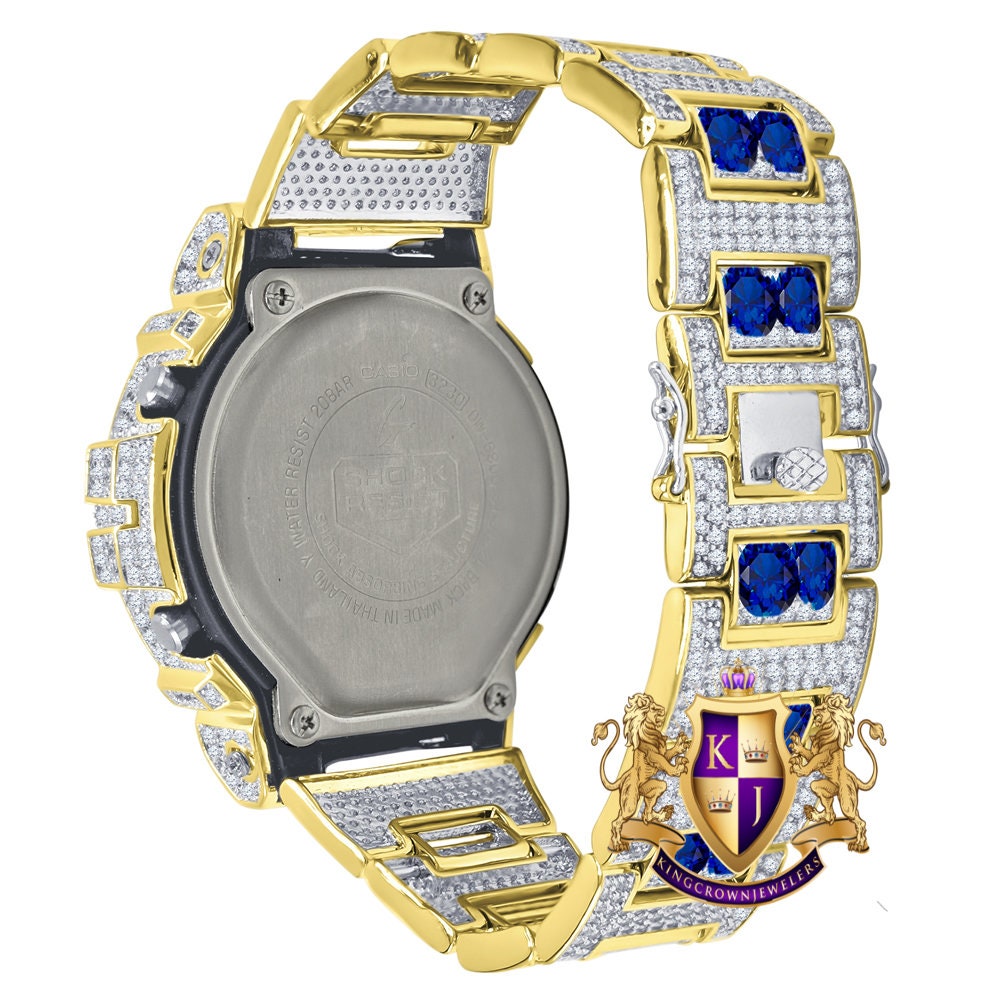 Men's Exclusive Custom Time Piece Solitaire Blue Sapphire 14K Gold Finish Casio G Shock DW-6900 Watch