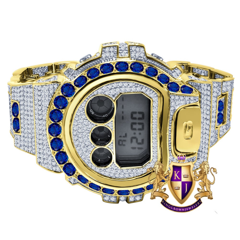 Men's Exclusive Custom Time Piece Solitaire Blue Sapphire 14K Gold Finish Casio G Shock DW-6900 Watch