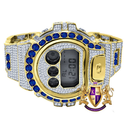 Men's Exclusive Custom Time Piece Solitaire Blue Sapphire 14K Gold Finish Casio G Shock DW-6900 Watch