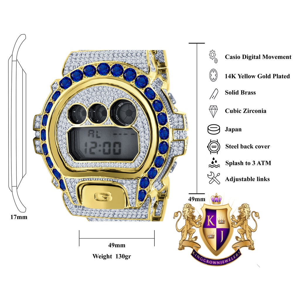 Men's Exclusive Custom Time Piece Solitaire Blue Sapphire 14K Gold Finish Casio G Shock DW-6900 Watch