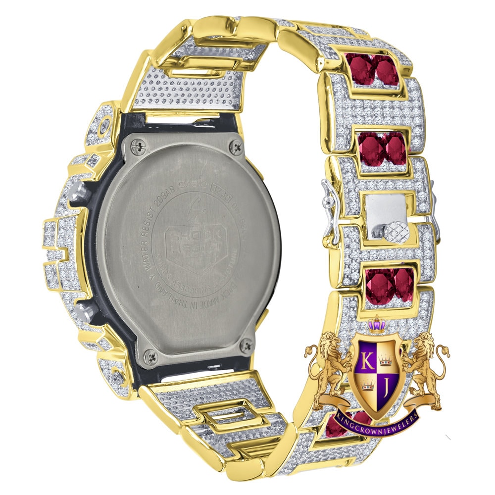 Men's Exclusive Custom Time Piece Solitaire Dark Pink Yellow Gold Finish Casio G Shock DW-6900 Watch