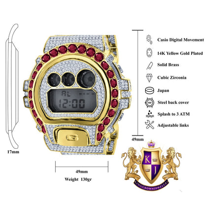 Men's Exclusive Custom Time Piece Solitaire Dark Pink Yellow Gold Finish Casio G Shock DW-6900 Watch