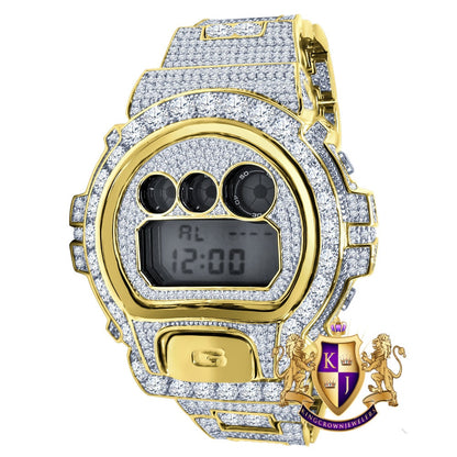 Men's Exclusive Custom Time Piece Solitaire Yellow Gold Finish Simulated Diamond Casio G Shock DW-6900 Watch