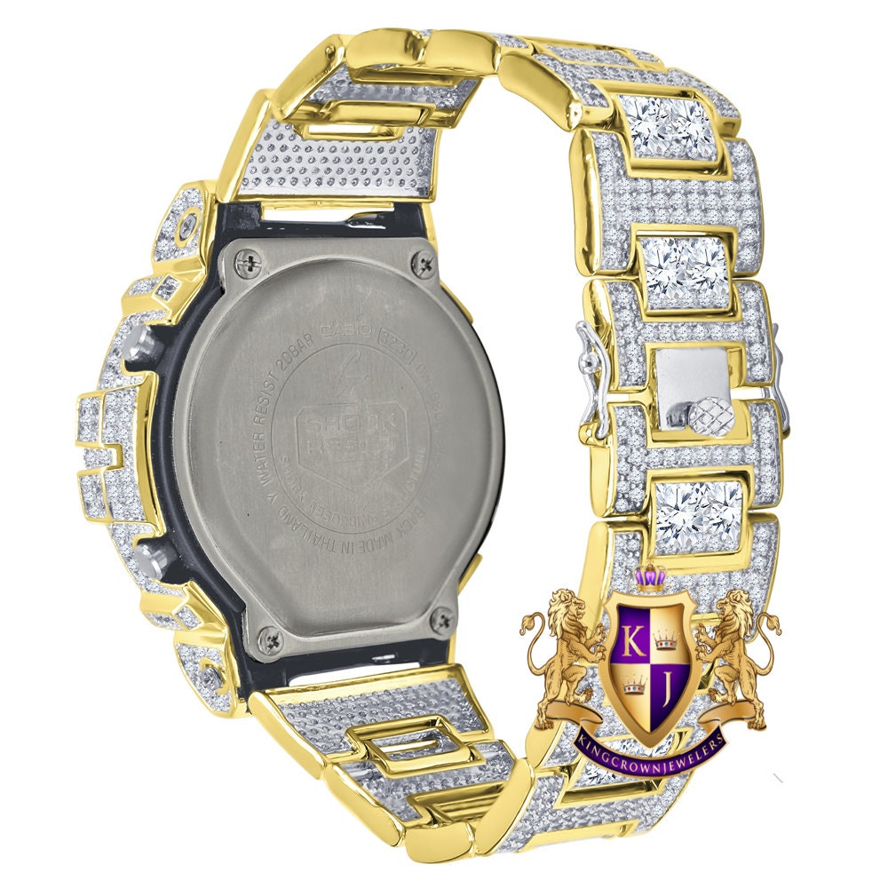 Men's Exclusive Custom Time Piece Solitaire Yellow Gold Finish Simulated Diamond Casio G Shock DW-6900 Watch
