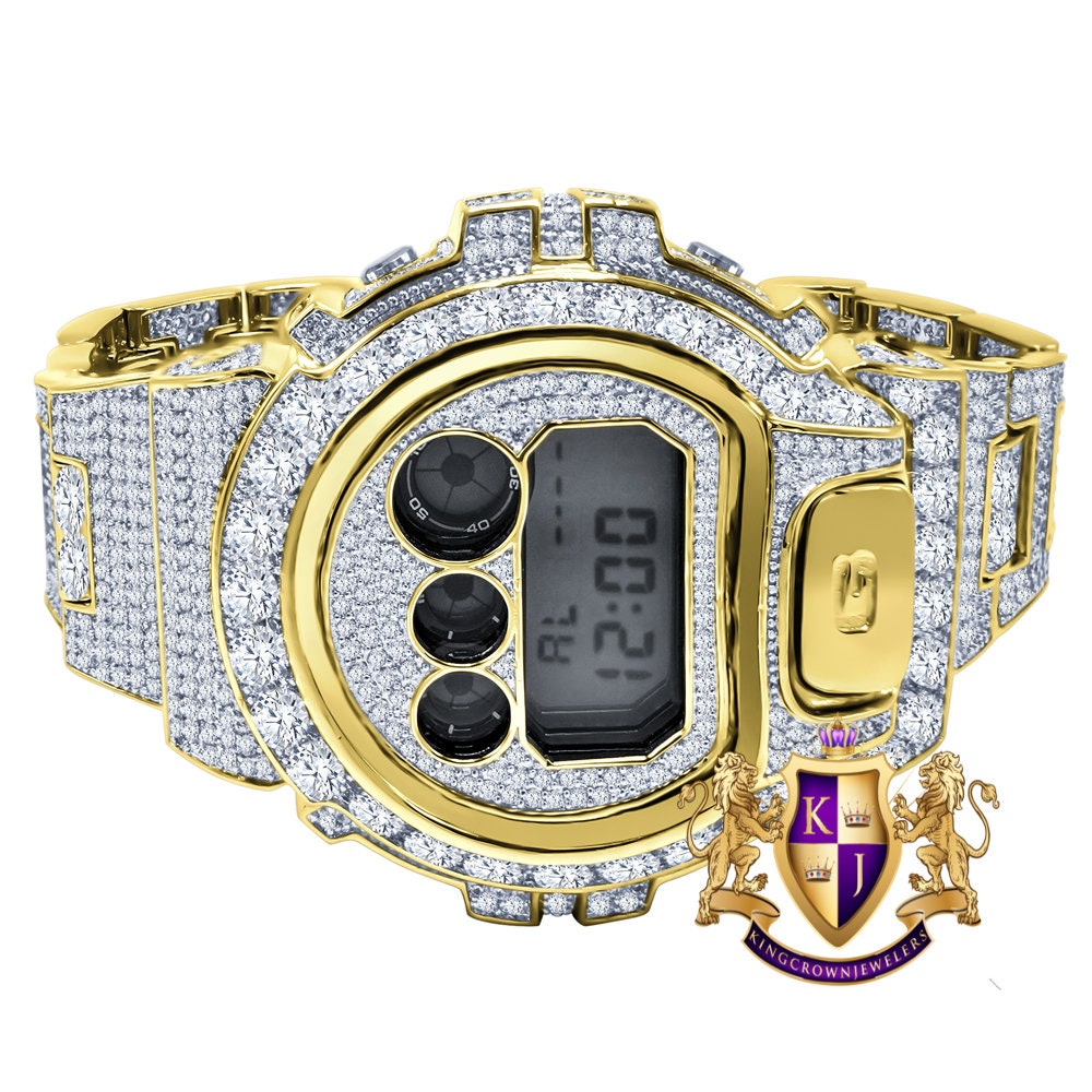 Men's Exclusive Custom Time Piece Solitaire Yellow Gold Finish Simulated Diamond Casio G Shock DW-6900 Watch