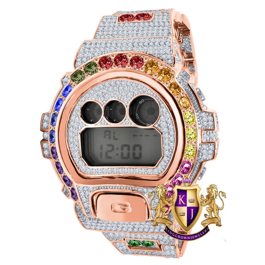 Rose Gold Men's Exclusive Custom Time Piece Solitaire Rainbow Multi Tone Casio G Shock DW-6900 Watch