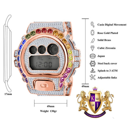 Rose Gold Men's Exclusive Custom Time Piece Solitaire Rainbow Multi Tone Casio G Shock DW-6900 Watch