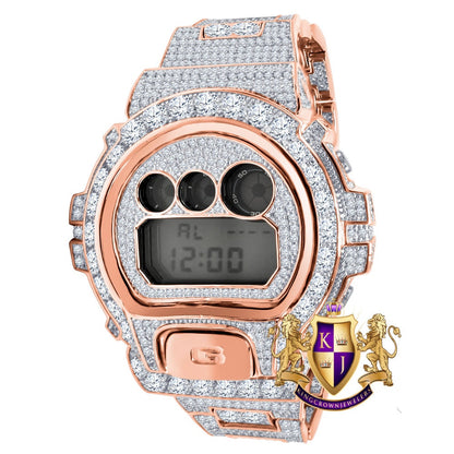 Men's Exclusive Custom Time Piece Solitaire Rose Gold Finish Simulated Diamond Casio G Shock DW-6900 Watch