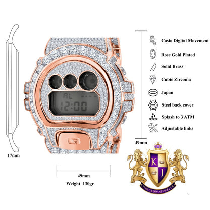 Men's Exclusive Custom Time Piece Solitaire Rose Gold Finish Simulated Diamond Casio G Shock DW-6900 Watch