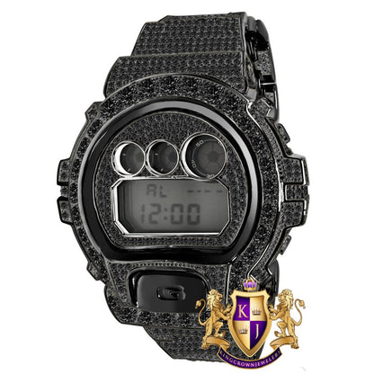 Men's Exclusive Custom Time Piece Solitaire Black Gold Finish Simulated Diamond Casio G Shock DW-6900 Watch