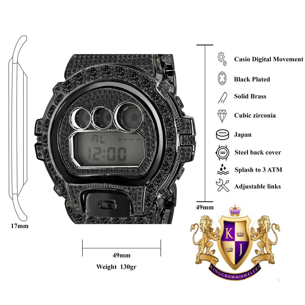 Men's Exclusive Custom Time Piece Solitaire Black Gold Finish Simulated Diamond Casio G Shock DW-6900 Watch