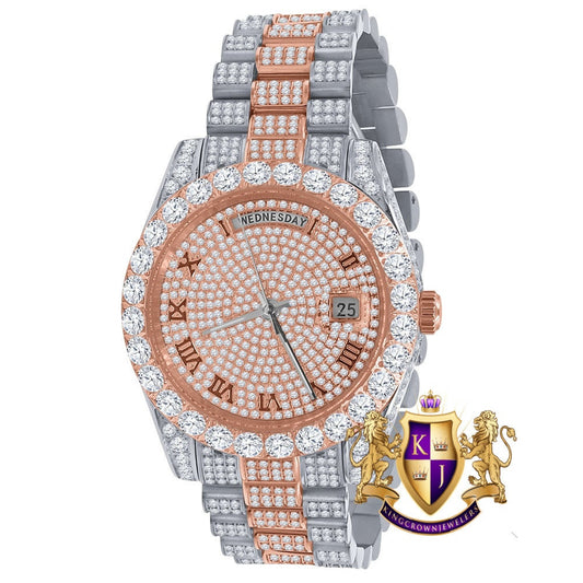 2 Tone Rose Gold Full Steel Day/Date Roman Face Solitaire Bezel Iced Out Dial & Band Men's Diamond Watch 40mm - Crown