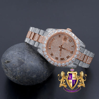 2 Tone Rose Gold Full Steel Day/Date Roman Face Solitaire Bezel Iced Out Dial & Band Men's Diamond Watch 40mm - Crown