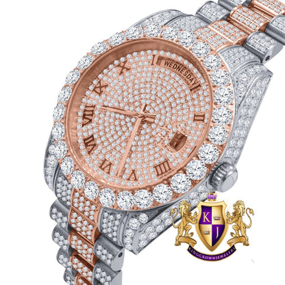 2 Tone Rose Gold Full Steel Day/Date Roman Face Solitaire Bezel Iced Out Dial & Band Men's Diamond Watch 40mm - Crown