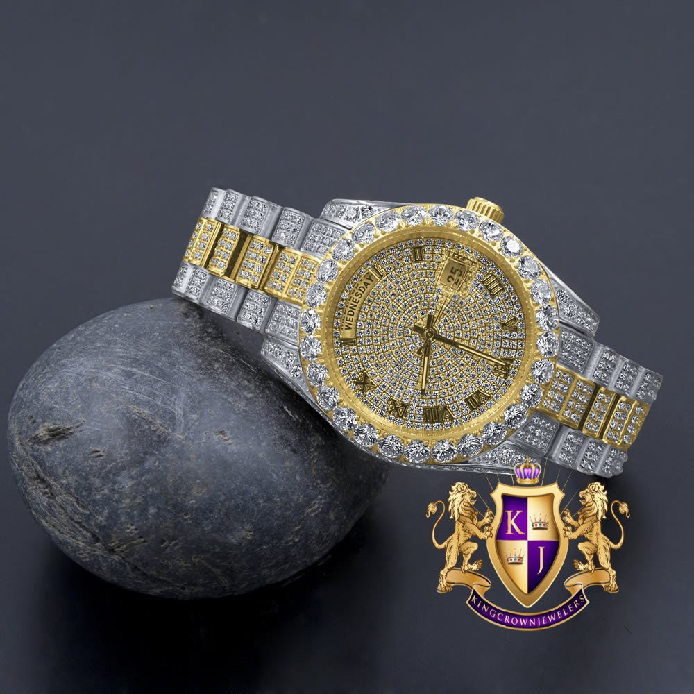 2 Tone Gold Full Steel Day/Date Roman Face Solitaire Bezel Iced Out Dial & Band Men's Diamond Watch 40mm - Crown