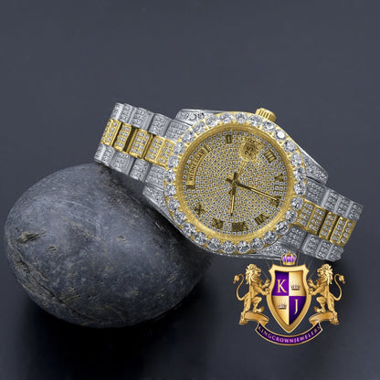 2 Tone Gold Full Steel Day/Date Roman Face Solitaire Bezel Iced Out Dial & Band Men's Diamond Watch 40mm - Crown