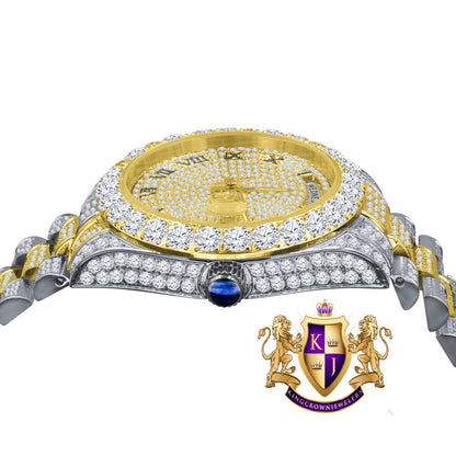 2 Tone Gold Full Steel Day/Date Roman Face Solitaire Bezel Iced Out Dial & Band Men's Diamond Watch 40mm - Crown