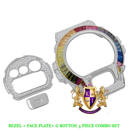Baguette Rainbow Multi White Gold Tone G Shock DW-6900 Simulated Diamond Watch Custom Cover Case Face Plate + Bezel + G Button 3 Piece Set