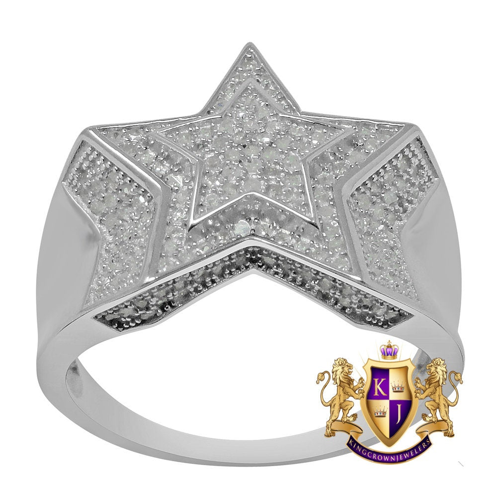 Men's Real Genuine Diamond 0.64 Cwt.10K White Gold Finish Star Shape Ring Band