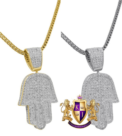 Real Genuine Authentic Diamond 1.38 Cwt Hamsa Hand Religious Pendant 10K Gold Finish 3D Look Unisex Charm Chain Neckless Set Small 1.35''